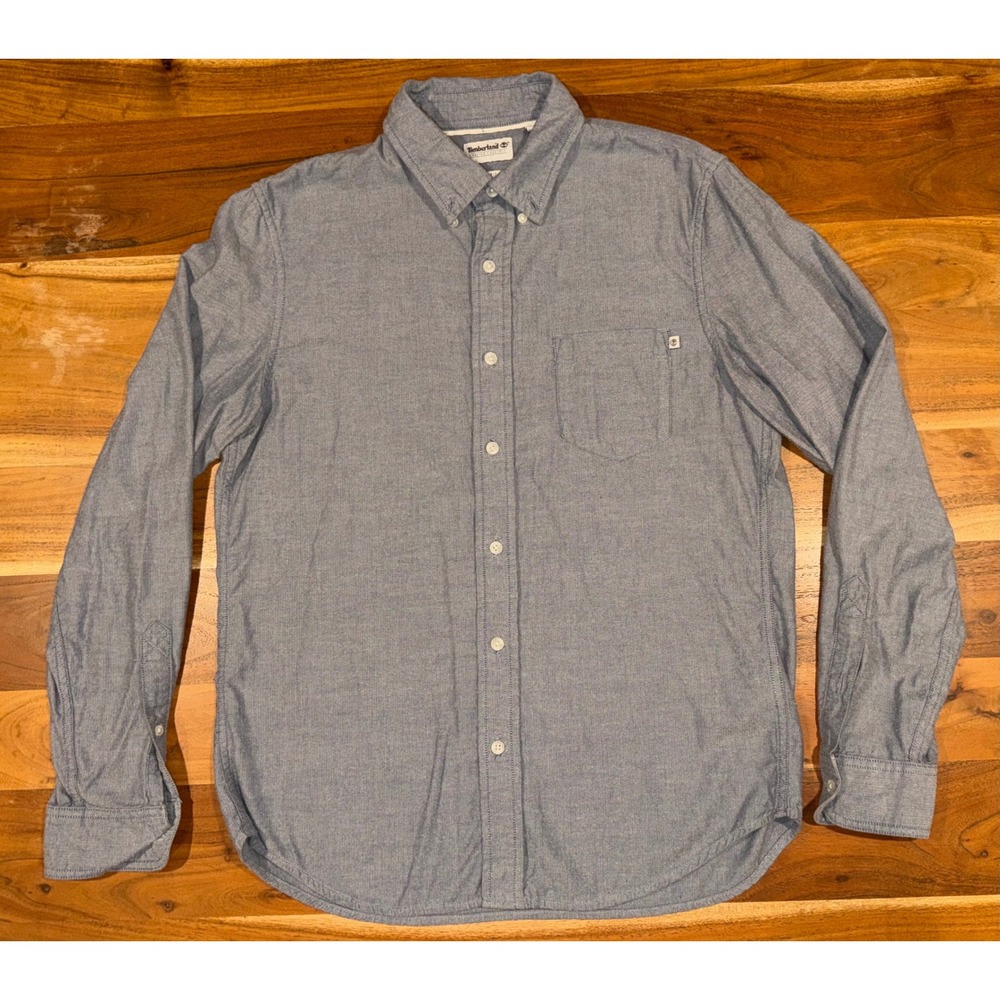 Timberland Mens Slim Fit Herringbone Button Down Shirt Blue Cotton M TB0A1Q6Y